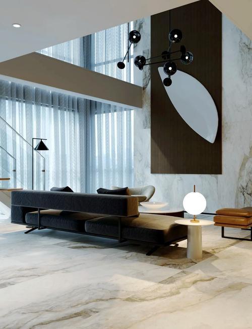 Open plan living room clad in marble
